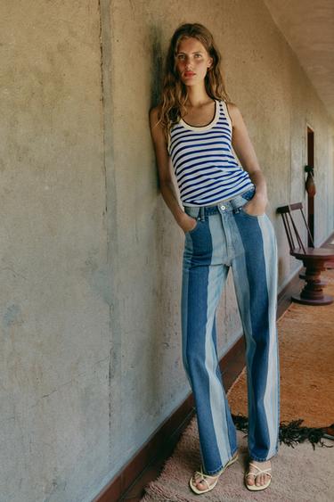 Zara Z1975 STRIPED STRAIGHT JEANS - Mid-blue