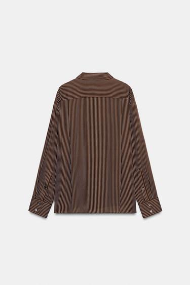 Zara STRIPED OVERSIZED POPLIN SHIRT - Dark brown