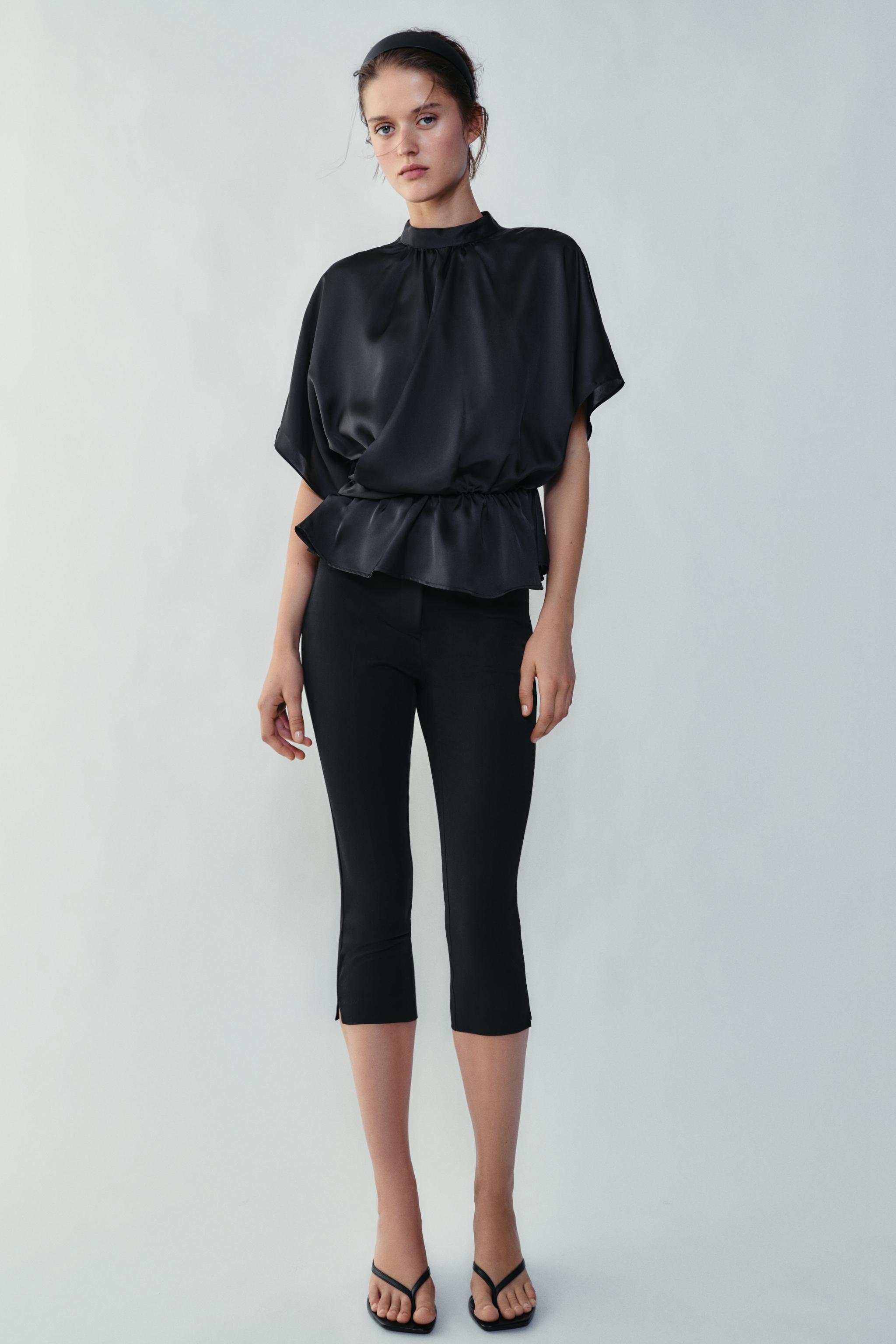 DRAPED SATIN BLOUSE — Black