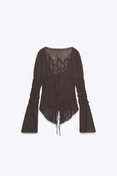 Zara Kahverengi - BAĞCIKLI BÜZGÜLÜ TOP