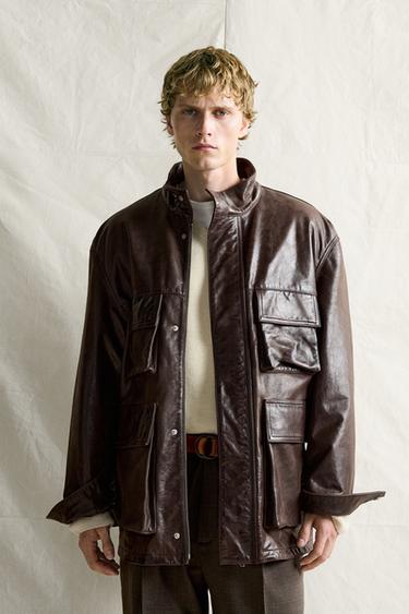 LEATHER UTILITY POCKET JACKET — Brown 1