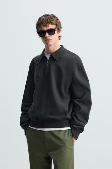 Zara ZIP POLO SWEATSHIRT - Charcoal
