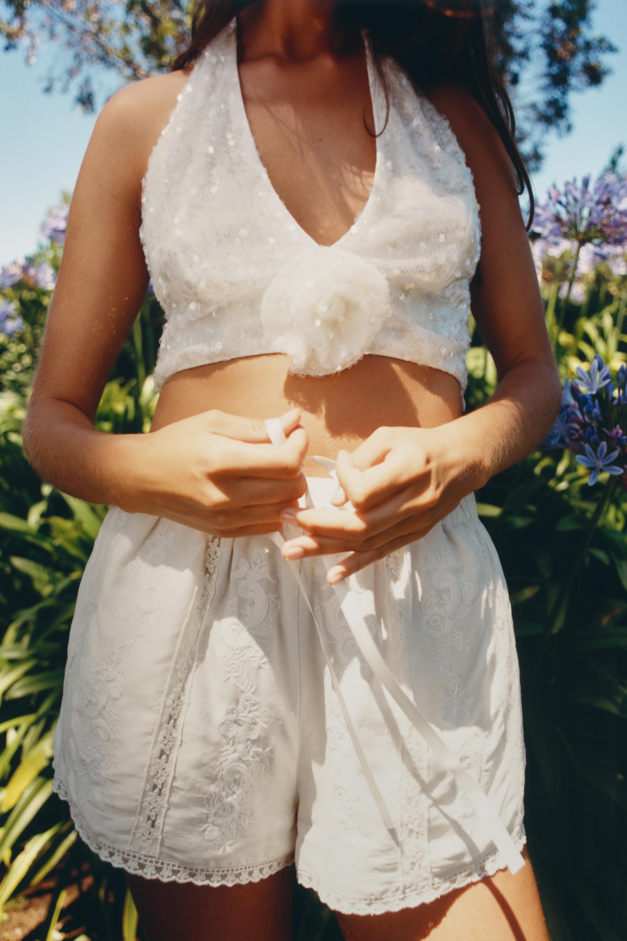 SEQUIN FLORAL HALTER TOP - White | ZARA United States