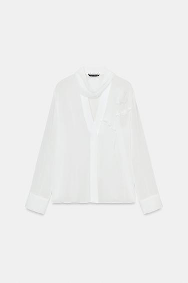 SEMI-SHEER BLOUSE WITH FLOWER - White by Zara - Image 7