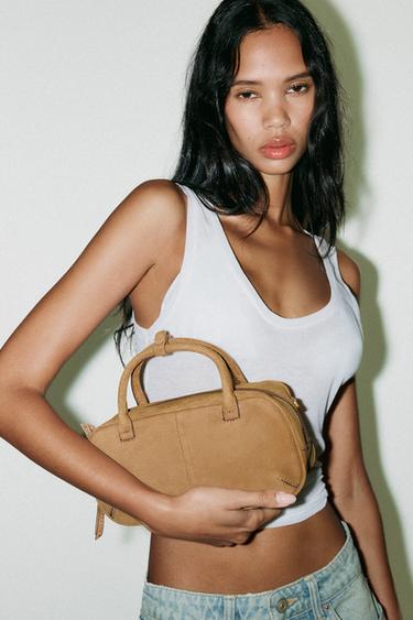 MINI DOUBLE HANDLE SPLIT SUEDE BAG - SAND/BROWN by Zara - Image 0