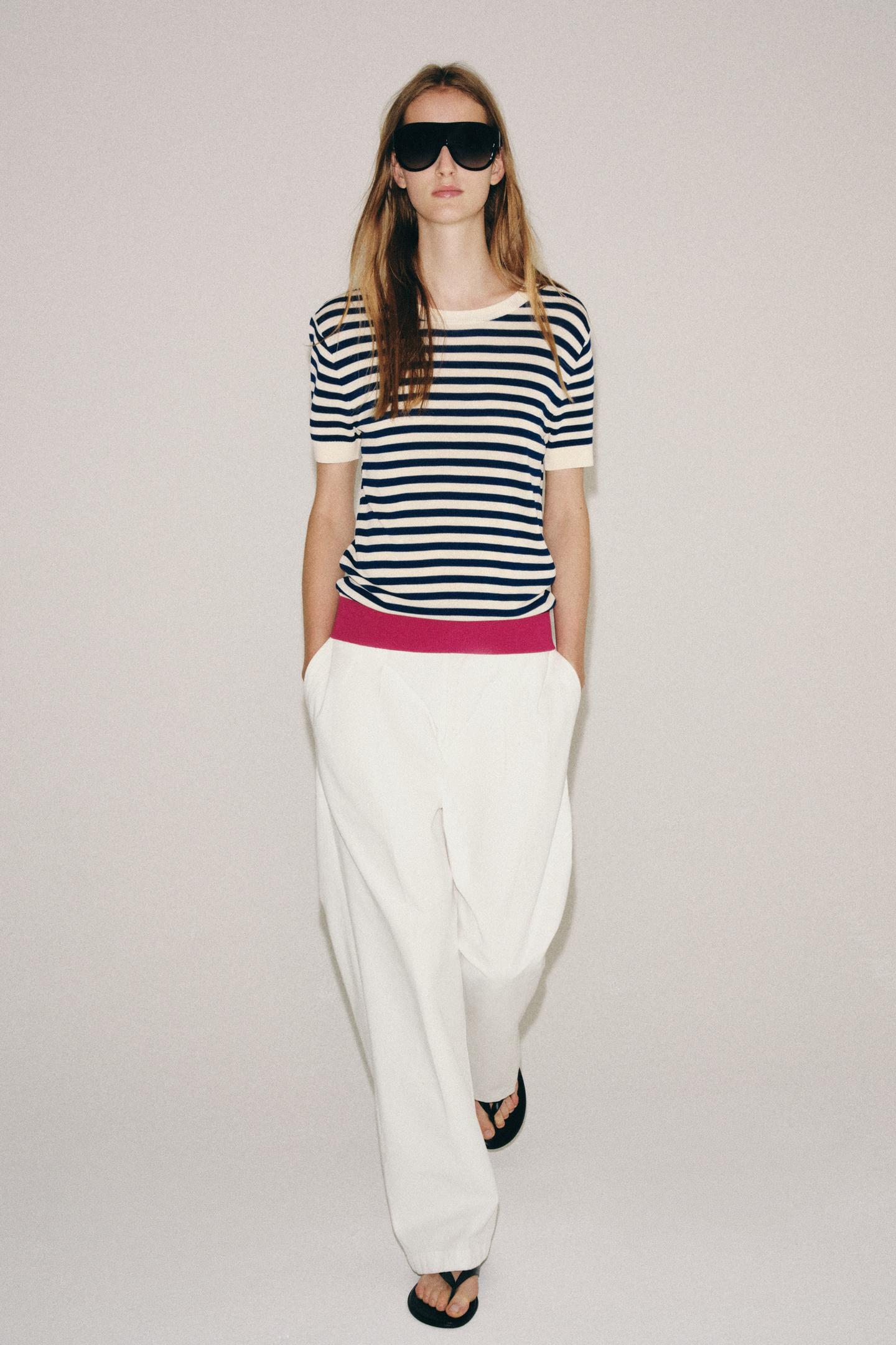 Топ Zara Striped Knit Top, цвет: Розовый / Белый — фото 1
