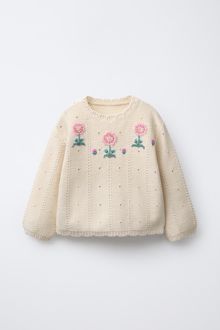KNIT SWEATER WITH FLORAL EMBROIDERY Ecru ZARA United Kingdom