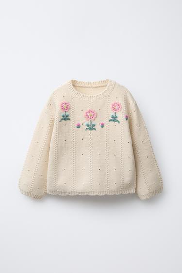 Zara FLORAL EMBROIDERED KNIT SWEATER - Ecru
