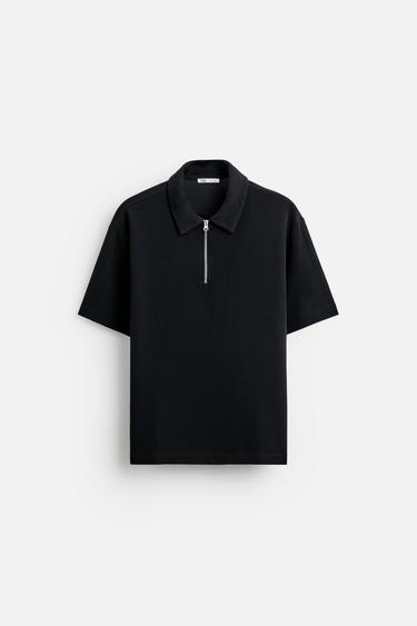 TEXTURED WEAVE POLO SHIRT WITH ZIP - Navy blue by Zara