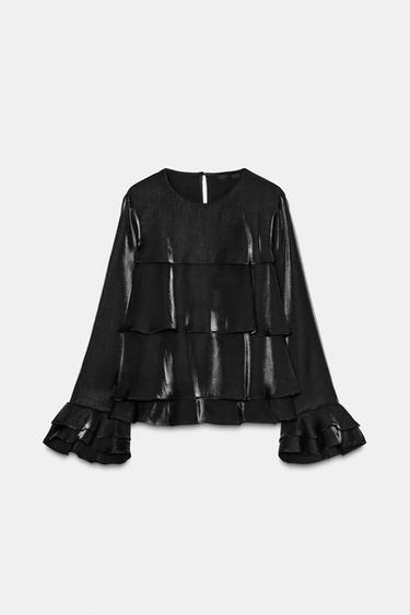 BLUSA VOLANTES TEJIDO BRILLO - Negro de Zara