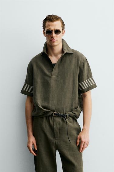 100% LINEN POLO SHIRT - Dark khaki by Zara