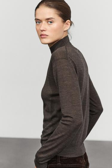 100% wool mock neck knit sweater — Chocolate 1