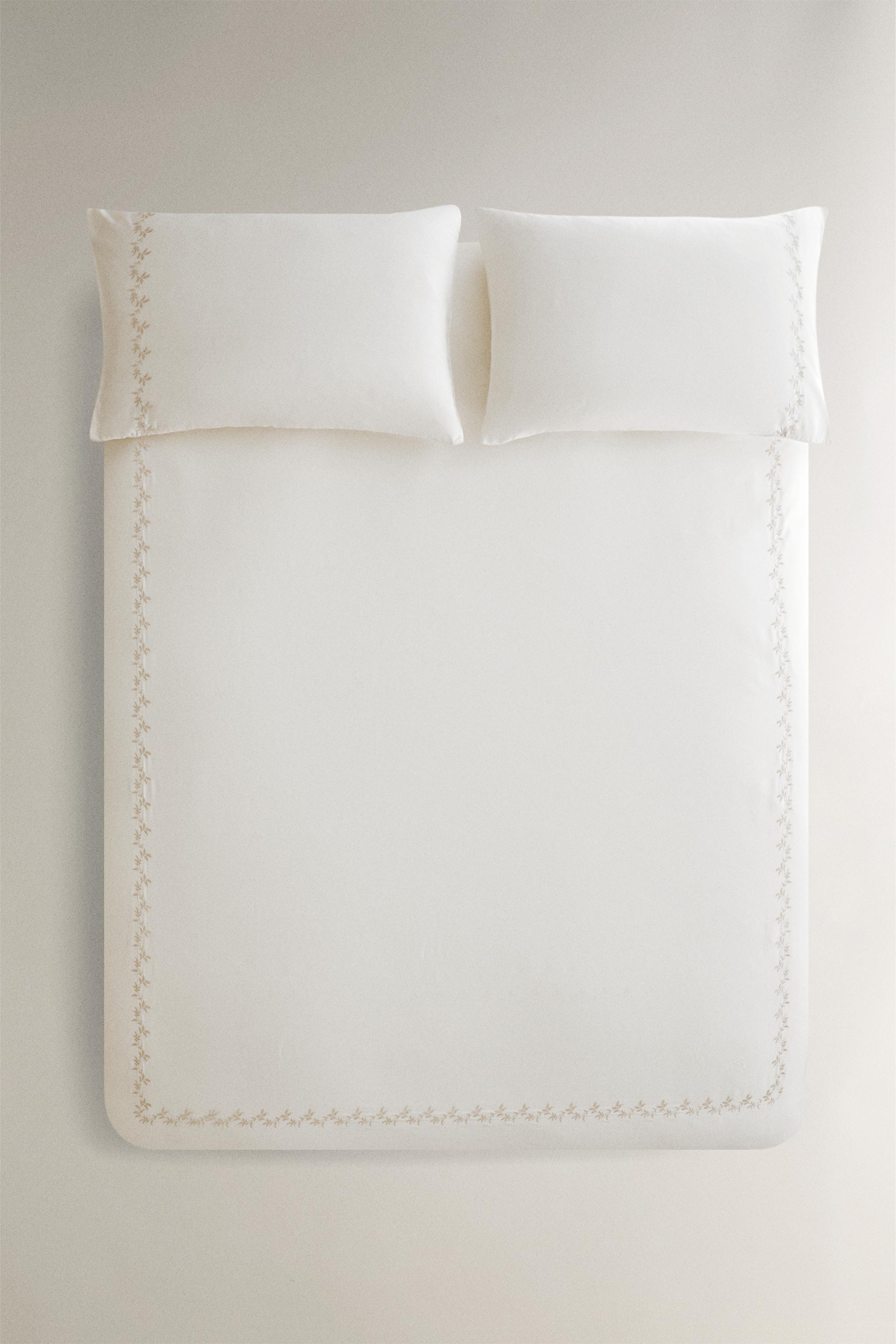 SATEEN DUVET COVER WITH EMBROIDERED LEAVES — Cava