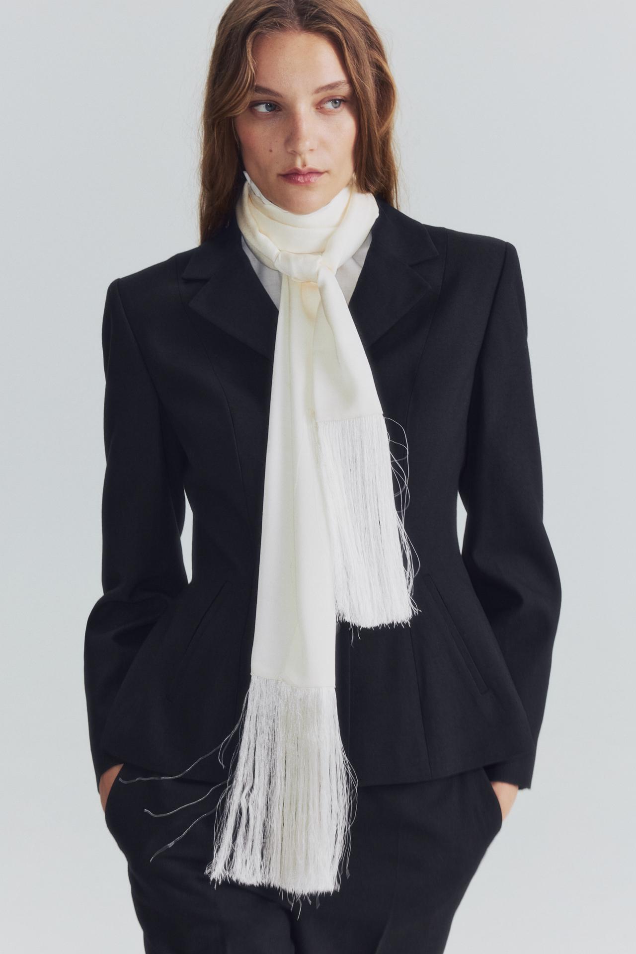 FRINGED TIE-STYLE SCARF — Ecru