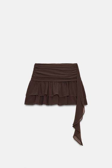 FALDA PANTALÓN GEORGETTE VOLANTES - Marrón de Zara