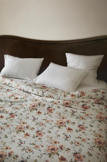 WILD FLOWERS SATEEN DUVET COVER (300 THREAD COUNT) - Light beige by Zara