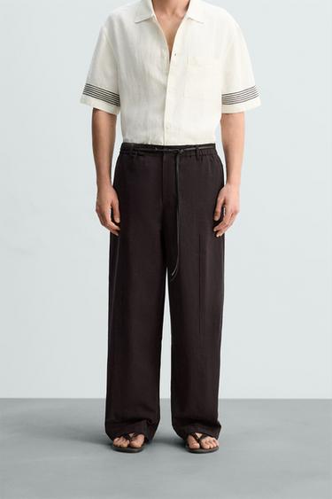 PANTALÓN ALGODÓN - LINO PLIEGUES - Marrón oscuro de Zara
