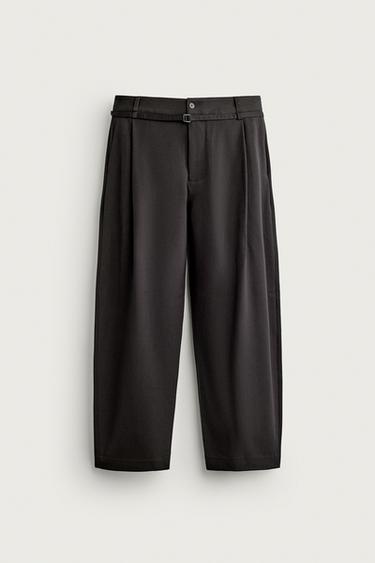 BELTED PLEATED BALLOON FIT PANTS — Brown 1