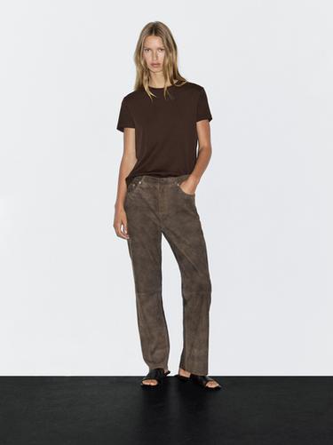 Zara Heavy weight cotton T-shirt with seam detail - Brown - Image 0