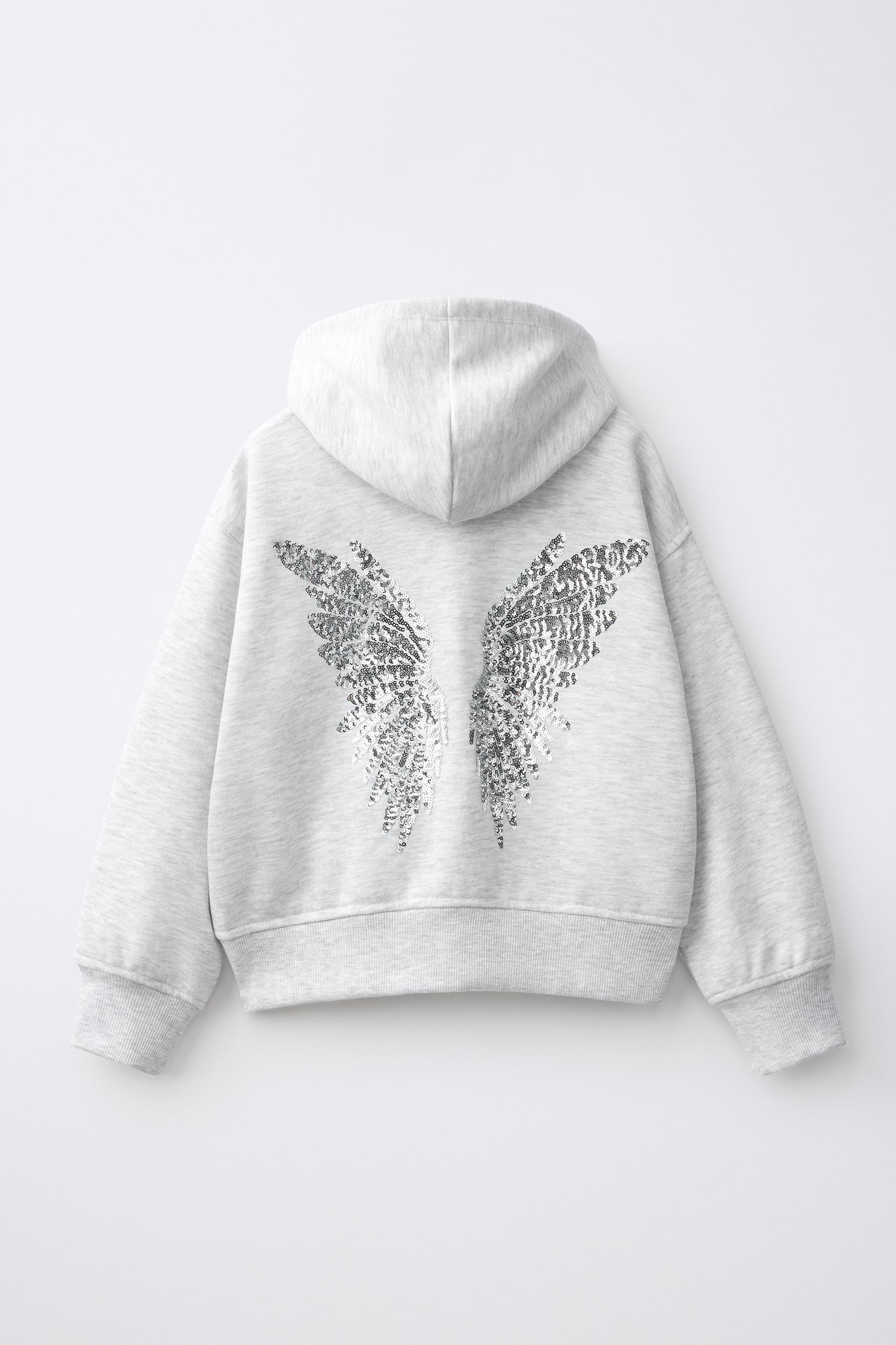SEQUIN WING ZIP-UP HOODIE — Gray marl
