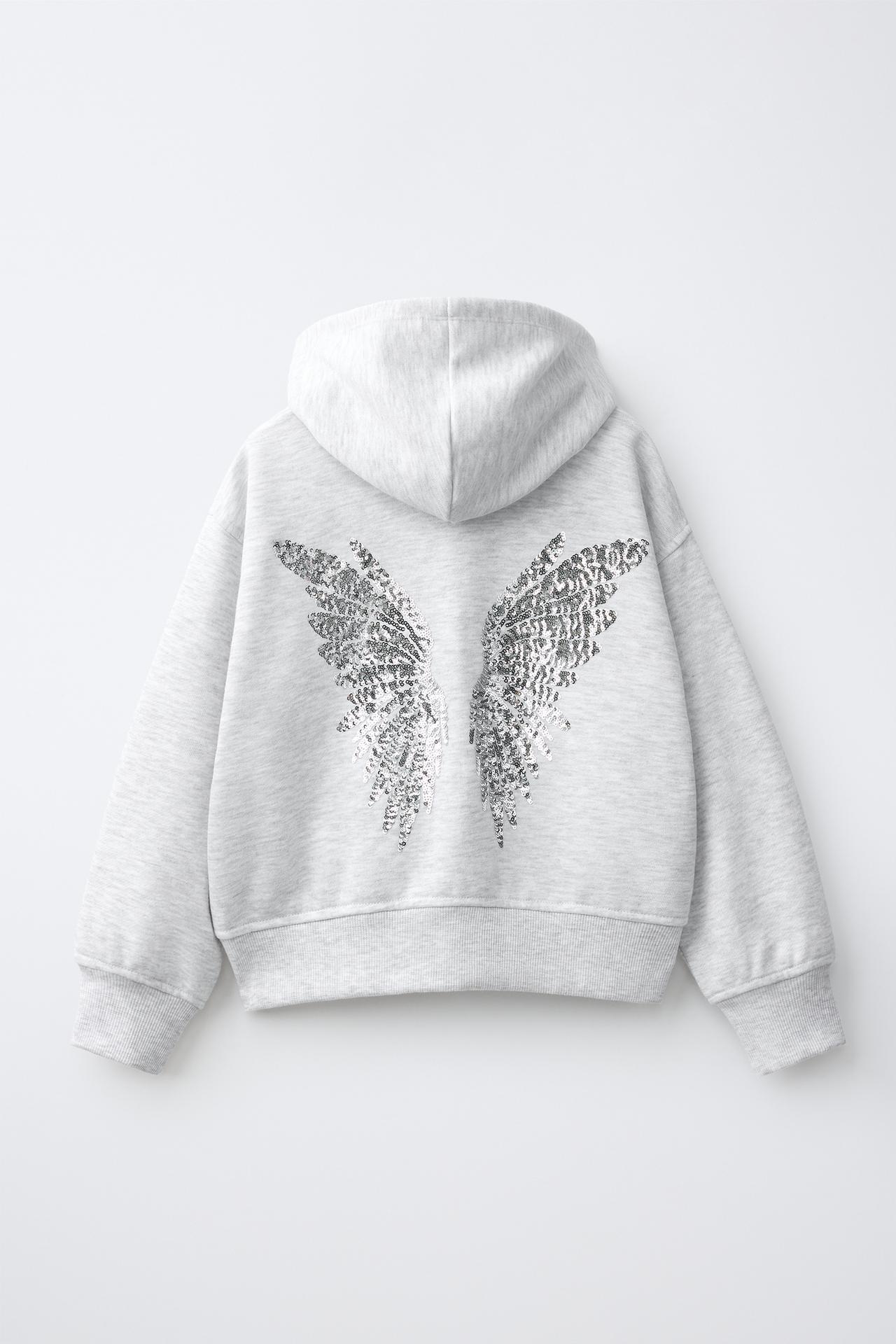 SEQUINED WING ZIP HOODIE — Gray marl