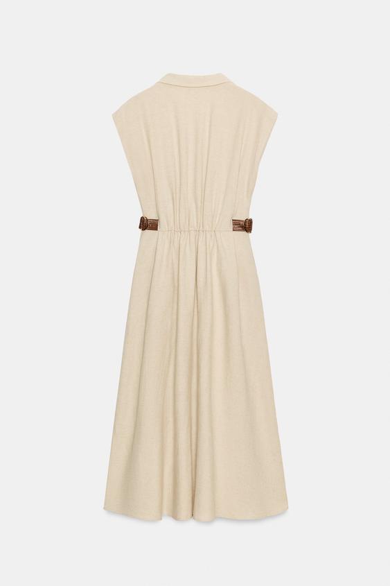 zara linen blend shirt dress ZARA $129 WOMAN LINEN BLEND SHIRTDRESS ZW COLLECTION ECRU/YELLOW | 3484/192  NWT