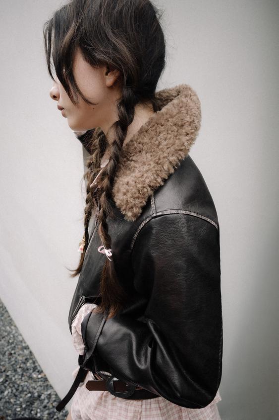 DISTRESSED LEATHER EFFECT JACKET WITH FAUX FUR COLLAR - Black by Zara - Image 0
