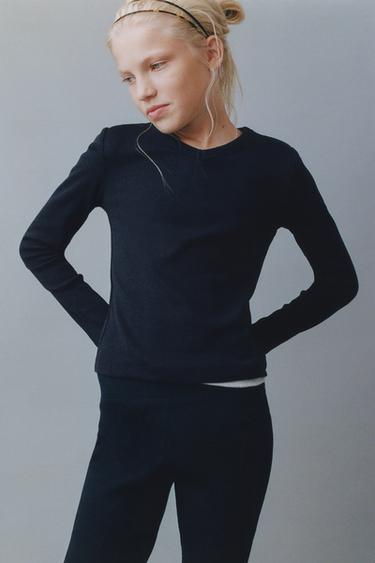 Zara RIBBED V-NECK T-SHIRT - Navy blue