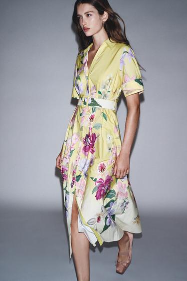 Zara BELTED FLORAL PRINT MIDI DRESS - Multicolored