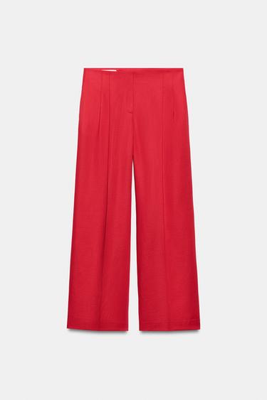 Zara LINEN STRAIGHT LEG PANTS - Red