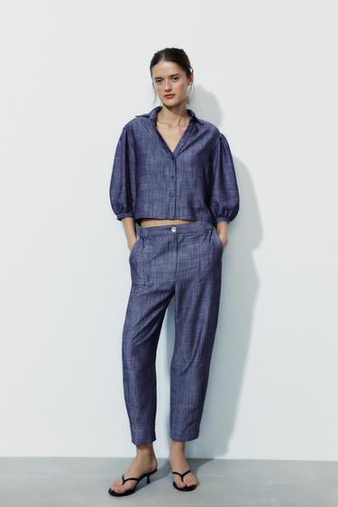 Zara LINEN PUFF SLEEVE SHIRT - Indigo