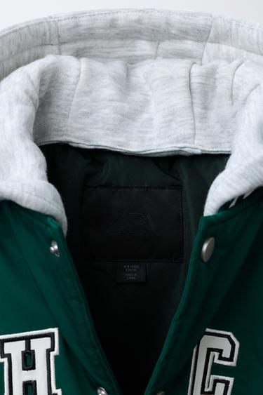 QUILTED VARSITY BOMBER JACKET WITH DETACHABLE HOOD - Green by Zara - Image 7