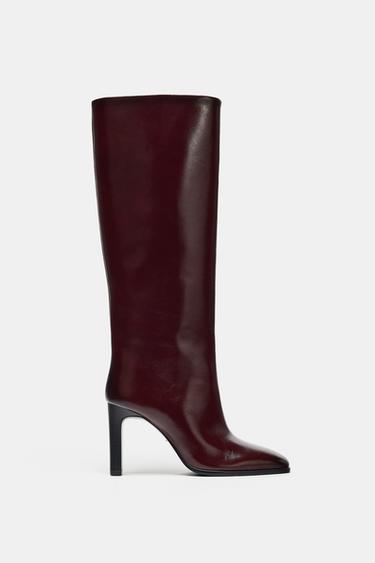 LEATHER BLOCK HEEL BOOTS - Burgundy Red by Zara