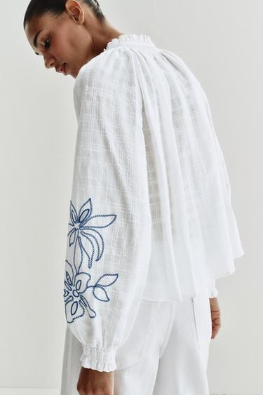 EMBROIDERED FLORAL BLOUSE - Ecru by Zara - Image 6