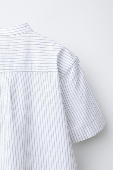 STRIPED COTTON AND LINEN STAND COLLAR SHIRT - Grey by Zara - Image 3