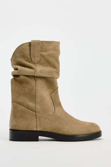 FLAT SUEDE ANKLE BOOTS - Dark tan by Zara