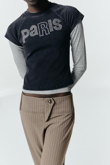 Zara WASHED EFFECT STUDDED T-SHIRT - Charcoal