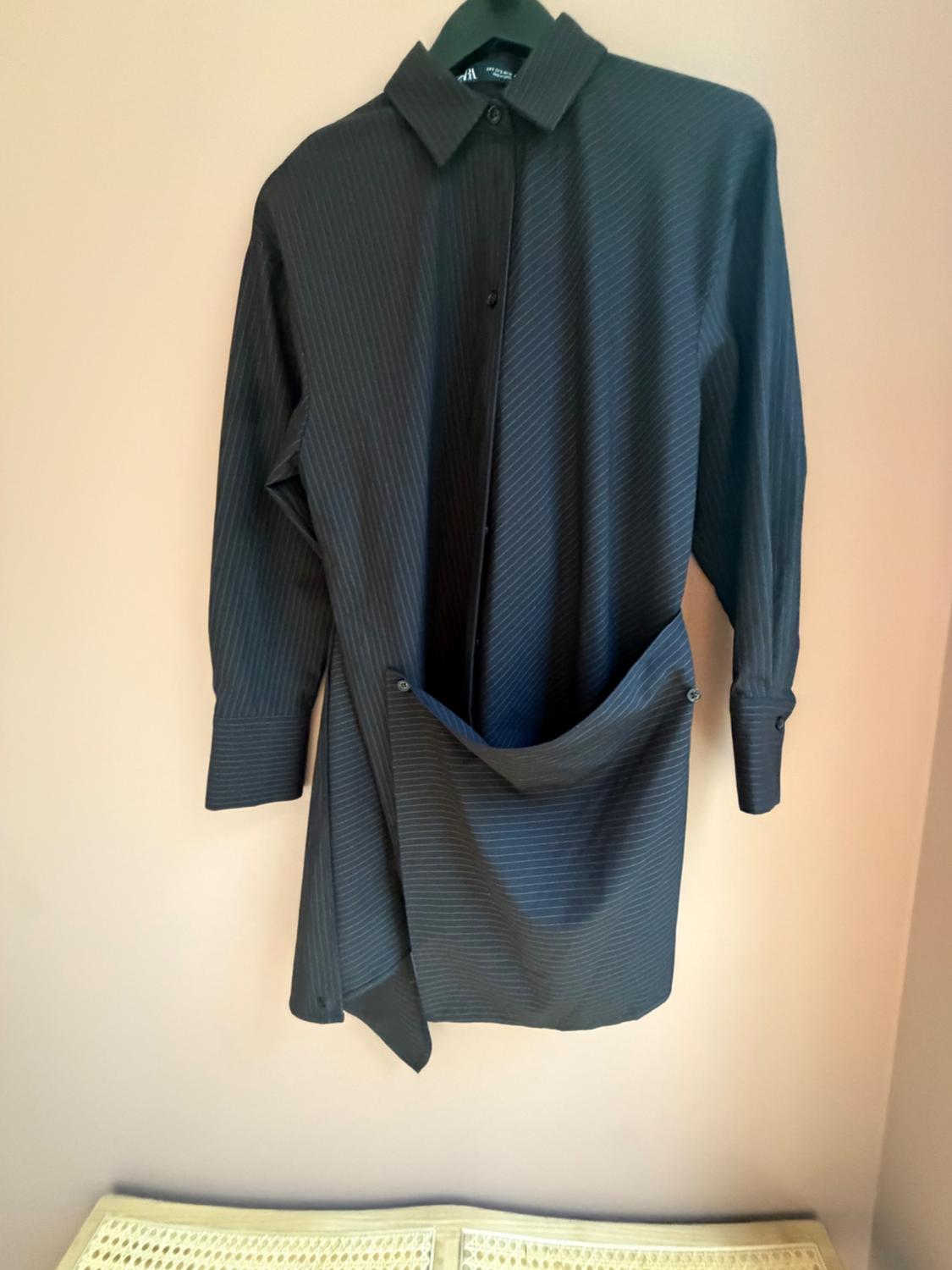 BLACK PINSTRIPE DRAPED ASYMMETRIC SHIRT MINI DRESS SIZE S BNWT 45.99 - Image 4