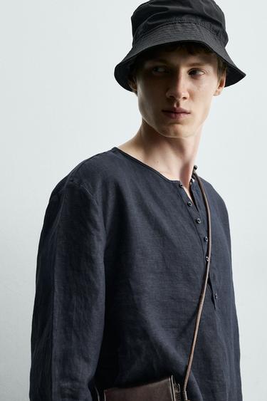 CHEMISE COL TUNISIEN 100% CHANVRE - Bleu marine foncé de Zara - Image 6
