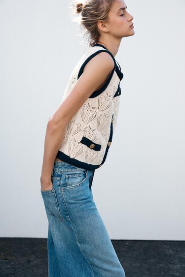 TOP GILET EN MAILLE POINTELLE - Écru / Bleu marine de Zara - Image 2