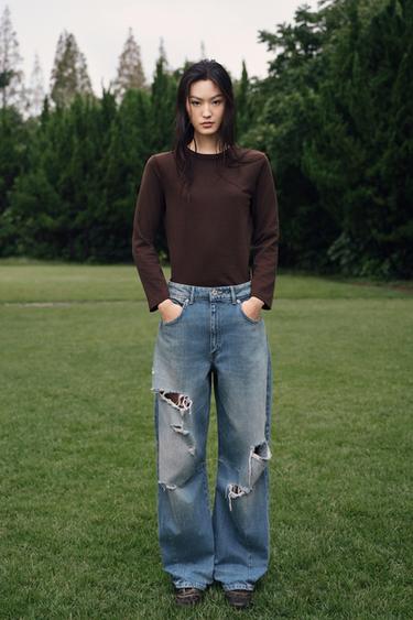 INTERLOCK LONG SLEEVE T-SHIRT - Chocolate by Zara