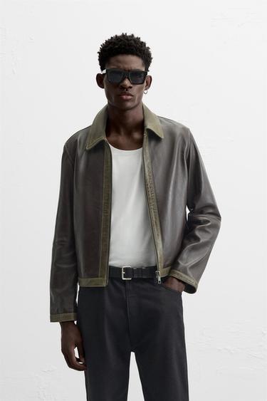 Zara CONTRASTING LEATHER JACKET - Brown / Green
