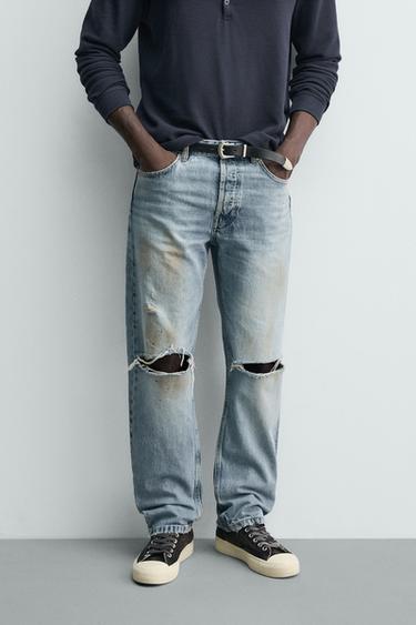 JEANS REGULAR FIT EFEITO VINTAGE COM RASGÕES - Azul da Zara