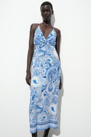 ROBE MIDI IMPRIMÉE AVEC NŒUD - Bleus de Zara - Image 1