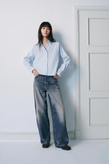 Zara 背面綁帶短版襯衫 - 白色 / 天藍色 - 圖片 0