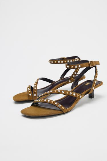 SPLIT SUEDE STUDDED KITTEN HEEL SANDALS - Olive Green by Zara - Image 1