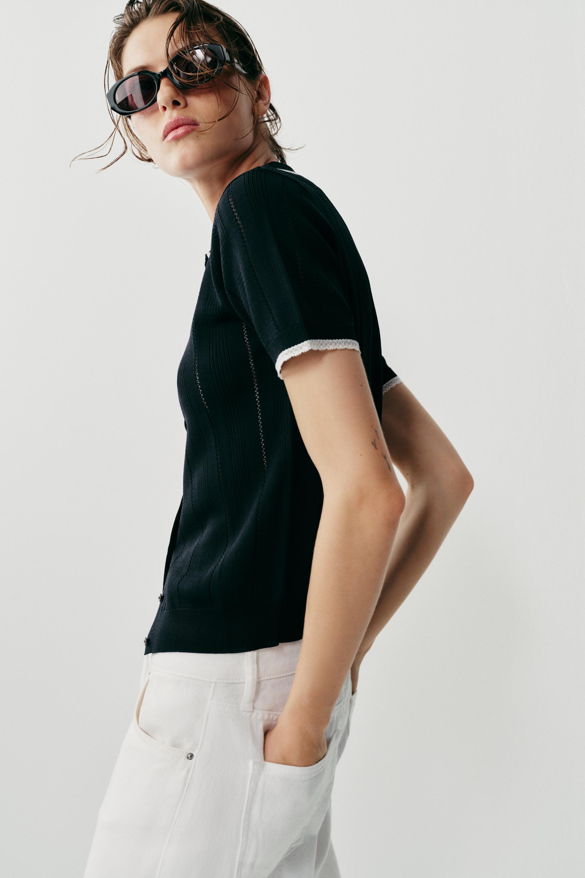 Женские кардиганы Zara LACE TRIM SHORT-SLEEVE CARDIGAN — фото 5