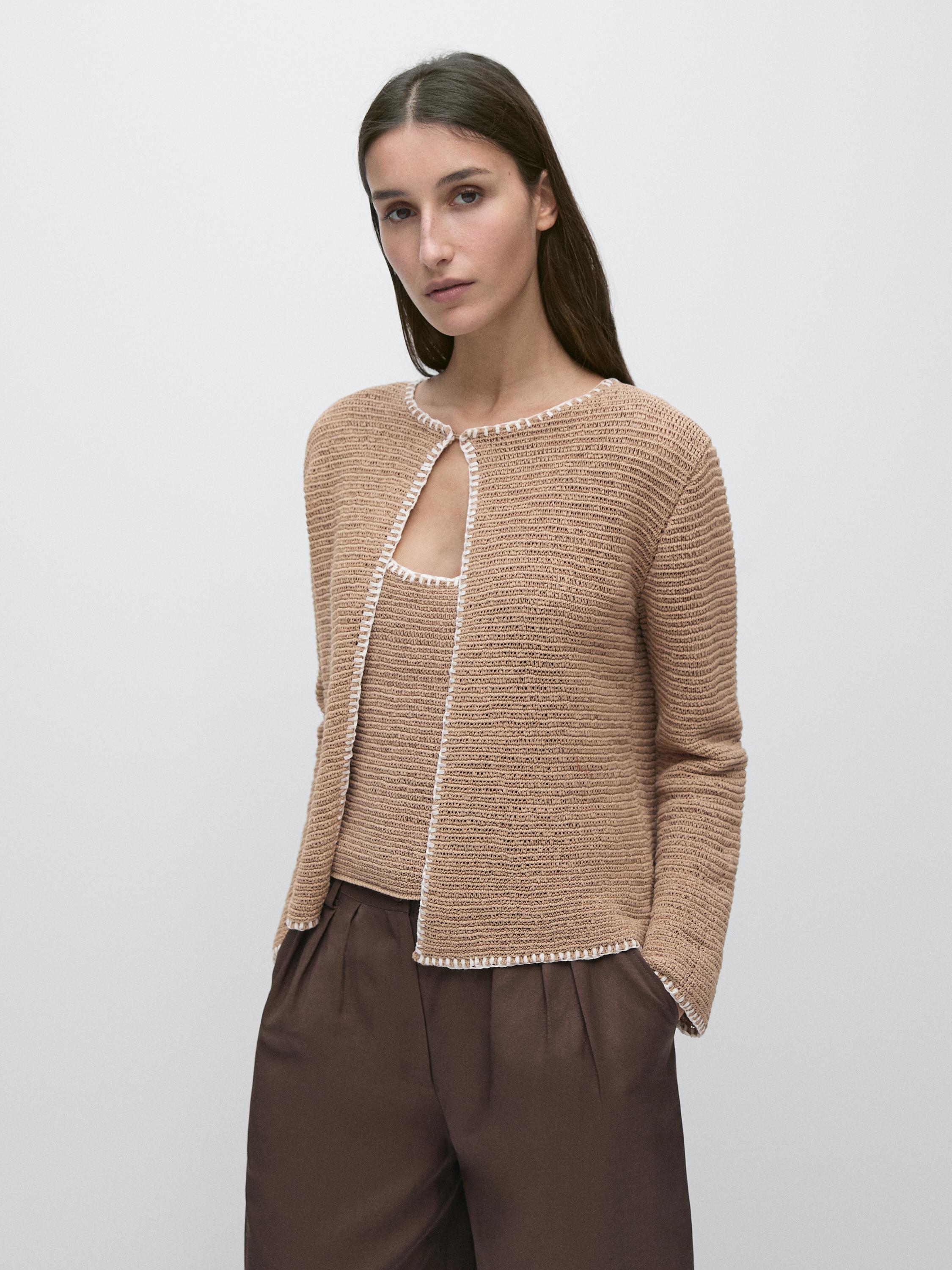 Contrast cotton blend knit cardigan