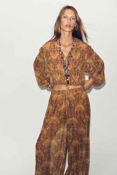 Zara PRINTED TIE TOP - Greens