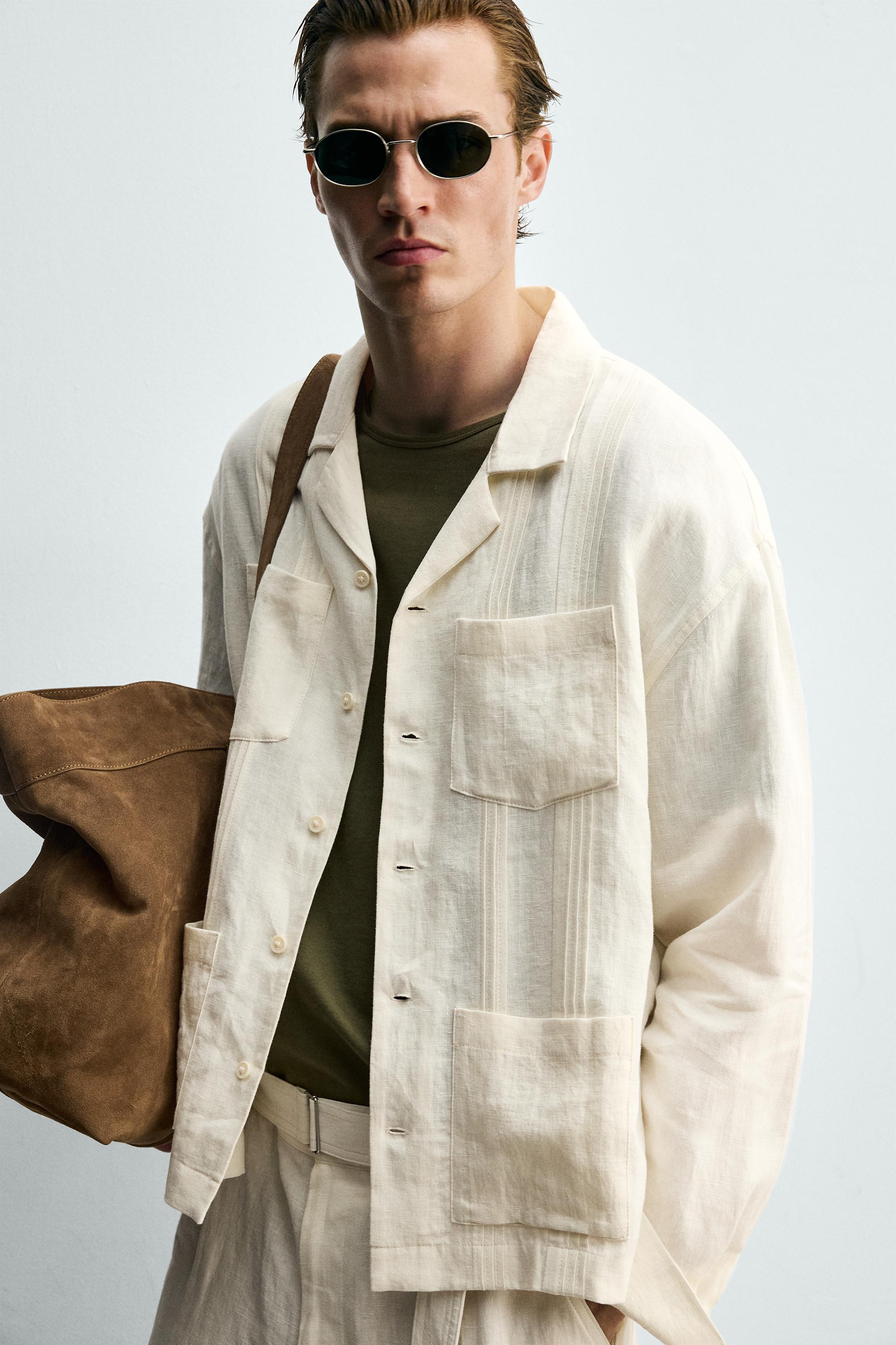 PLİSE DETAYLI CEPLİ RELAXED FIT %100 KETEN GÖMLEK